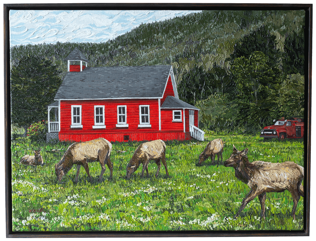 "Red Schoolhouse with Elk"