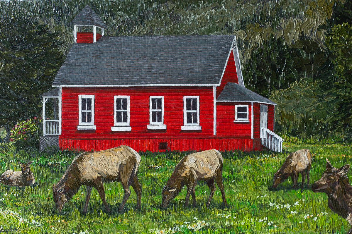 "Red Schoolhouse with Elk"